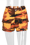 Orange Mode Casual Camouflage Print Patchwork Vanliga shorts med hög midja