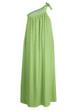 イエローカジュアルプリント水玉包帯パッチワーク斜め襟Aラインプラスサイズのドレス