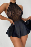 Lingerie preta fashion sexy com patchwork sólido transparente e sem costas