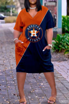オレンジ ブルー ファッション カジュアル プリント パッチワーク V ネック ショート スリーブ ドレス