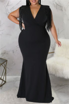 Zwarte mode casual plus size effen kwastje patchwork v-hals lange jurk