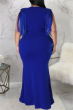 Blauwe mode casual plus size effen kwastje patchwork v-hals lange jurk