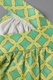 Gelber beiläufiger Druck-Polka-Punkt-Bandage-Patchwork-Schräg-Kragen A-Linie Plus-Größen-Kleider