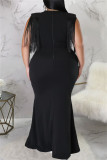Schwarzes, modisches, lässiges, langes Kleid mit festem Quasten-Patchwork und V-Ausschnitt in Übergröße