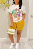 Yellow Fashion Casual Print Patchwork O Neck Short Sleeve Two Pieces