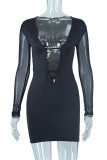 Black Fashion Sexy Solid Hollowed Out Patchwork See-through V Neck Long Sleeve Dresses