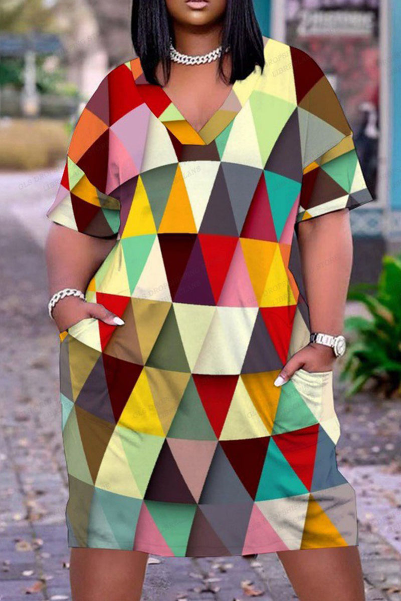 

Light Yellow Fashion Casual Print Patchwork V Neck Short Sleeve Dress