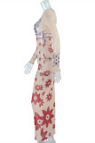 Aprikos Mode Sexig Print Genomskinlig O-hals långärmade klänningar