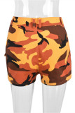 Orange Mode Casual Camouflage Print Patchwork Vanliga shorts med hög midja