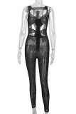 Black Fashion Sexy Solid Bandage Uitgeholde doorschijnende O-hals Skinny Jumpsuits