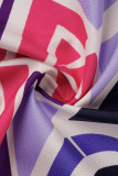 Púrpura casual estampado patchwork hebilla cuello vuelto media manga dos piezas