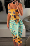 Multicolor Fashion Sexy Print Backless Spaghetti Strap Ärmelloses Kleid