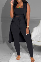 Zwarte mode casual effen patchwork mouwloze driedelige set