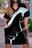 ブラック イエロー ファッション カジュアル プリント パッチワーク V ネック ショート スリーブ ドレス