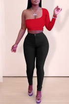 Red Black Sexy Solid Patchwork Oblique Collar Long Sleeve Two Pieces