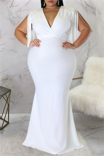 White Fashion Casual Plus Size Solid Tassel Patchwork V Neck Long Dress