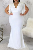 Vestido longo branco fashion casual plus size com borla patchwork decote em v