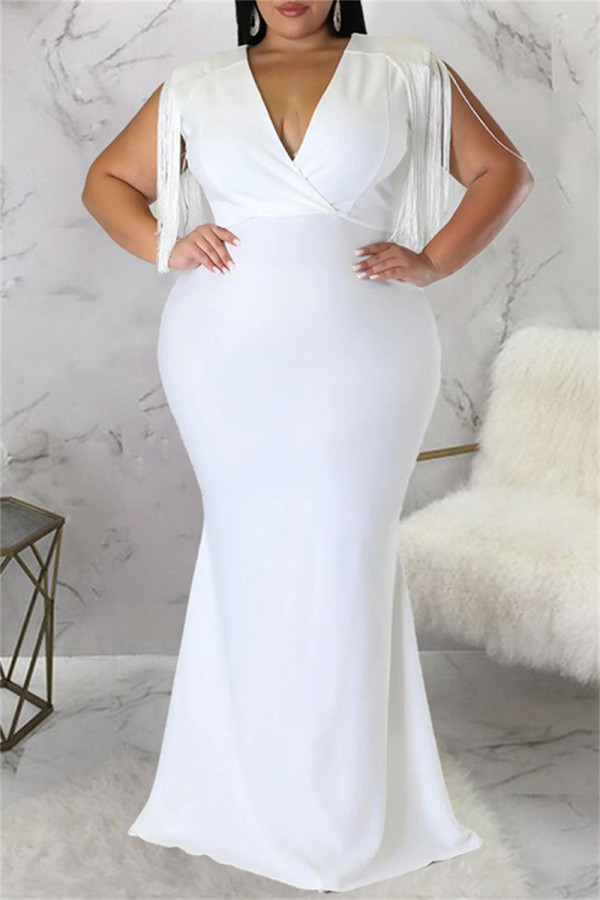 ホワイト ファッション カジュアル プラス サイズ ソリッド タッセル パッチワーク V ネック ロング ドレス