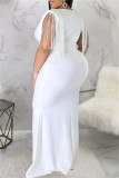 Weißes, modisches, lässiges, solides Patchwork-V-Ausschnitt-langes Kleid in Übergröße