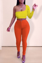 Tangerine Red Sexy Solid Patchwork Oblique Collar Long Sleeve Two Pieces