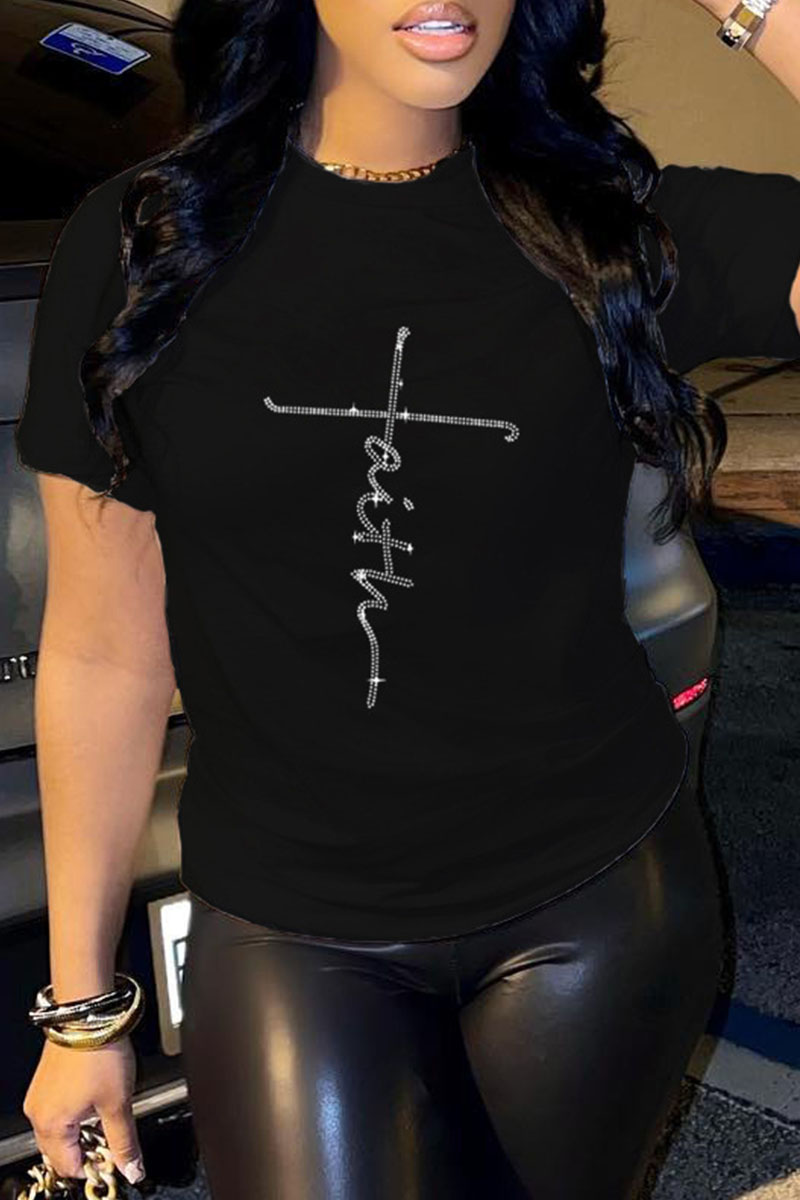 

Black Fashion Casual Patchwork Hot Drill O Neck T-Shirts