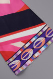 Púrpura casual estampado patchwork hebilla cuello vuelto media manga dos piezas
