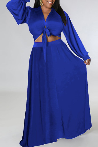 Blue Sexy Solid Bandage Patchwork V Neck Plus Size Two Pieces