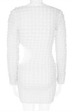 ホワイトファッションカジュアルソリッドくり抜かれたOネック長袖ドレス