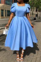 Hemelsblauwe mode casual effen patchwork jurken met vierkante kraag