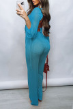 Sky Blue Sexy Solid Patchwork Frenulum See-through Backless Asymmetrical V Neck Long Sleeve Two Pieces