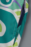 verde casual estampado patchwork hebilla cuello vuelto media manga dos piezas