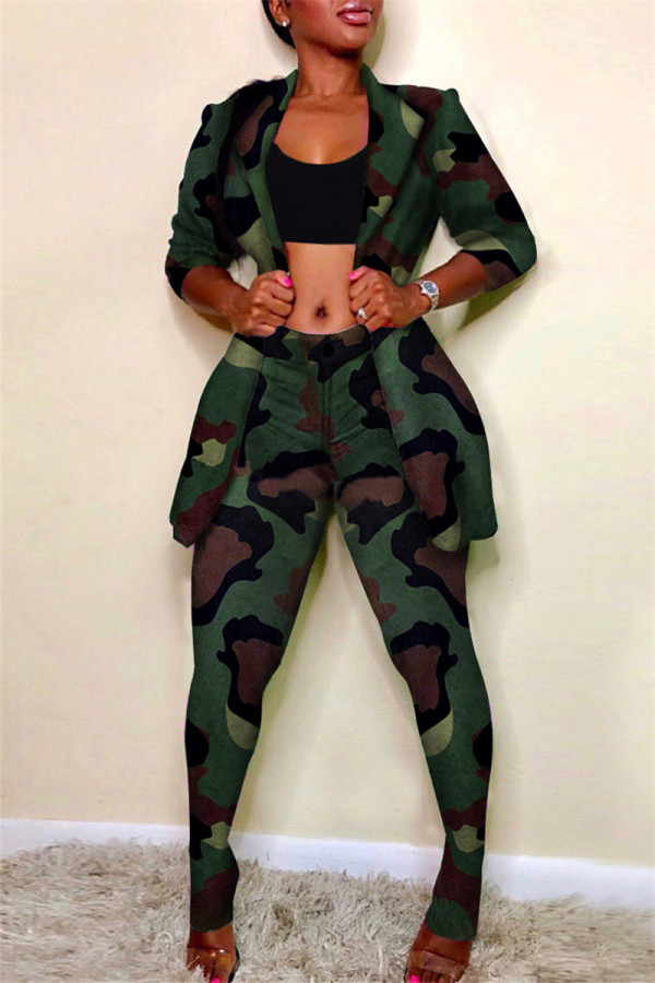 Camouflage Mode Casual Print Vest Broek Turndown Kraag Plus Size Twee Stukken