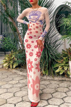 Apricot Fashion Sexy Print Durchsichtige Langarmkleider mit O-Ausschnitt