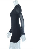 Zwarte mode sexy effen uitgeholde patchwork doorschijnende V-hals jurken met lange mouwen