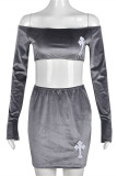 Grey Fashion Sexy Solid Patchwork Backless Off the Shoulder Long Sleeve Two Pieces