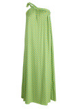 イエローカジュアルプリント水玉包帯パッチワーク斜め襟Aラインプラスサイズのドレス