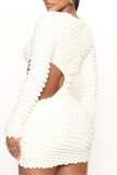 Witte mode casual effen uitgeholde O-hals jurken met lange mouwen