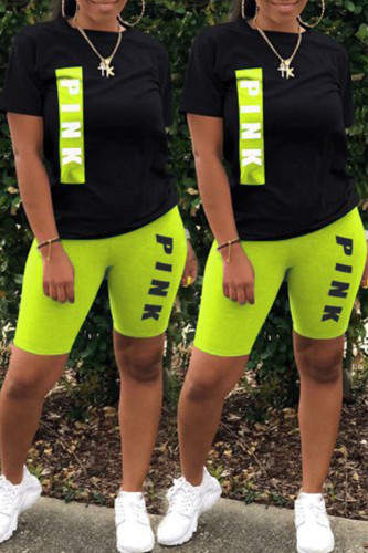 Fluorescent Green Casual Letter Print Patchwork O Neck Short Sleeve Two Pieces