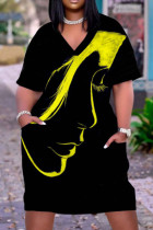 Vestido de manga curta preto amarelo moda casual estampa patchwork decote em v