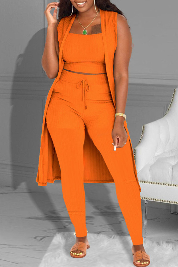 Oranje mode casual effen patchwork mouwloze driedelige set