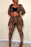 Estampado de leopardo Moda Casual Estampado cárdigan Pantalones Cuello vuelto Tallas grandes Dos piezas