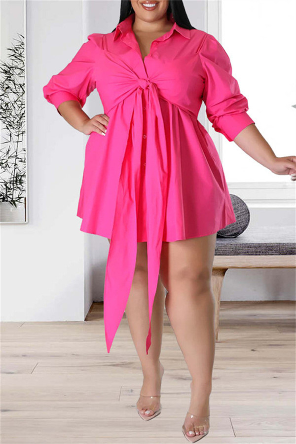 Розово-красное модное повседневное однотонное лоскутное платье-рубашка с отложным воротником Платья больших размеров