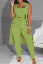 Зеленый модный повседневный однотонный лоскутный комплект из трех предметов без рукавов
