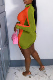 オレンジグリーンセクシーなソリッドパッチワークフォールドジッパーペンシルスカートドレス