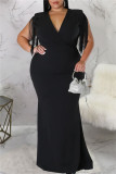 ブラック ファッション カジュアル プラス サイズ ソリッド タッセル パッチワーク V ネック ロング ドレス