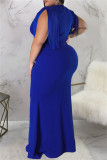 Vestido longo azul fashion casual plus size com borla patchwork decote em v