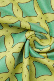 Amarillo estampado casual lunares vendaje patchwork cuello oblicuo una línea vestidos de talla grande