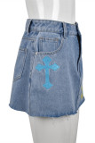Saia jeans azul moda casual bordado patchwork cintura alta regular