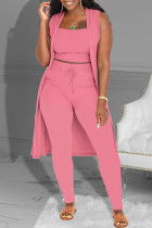 Roze mode casual effen patchwork mouwloze driedelige set