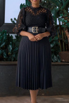 Zwarte mode casual effen uitgehold patchwork met riem O-hals geplooide jurken